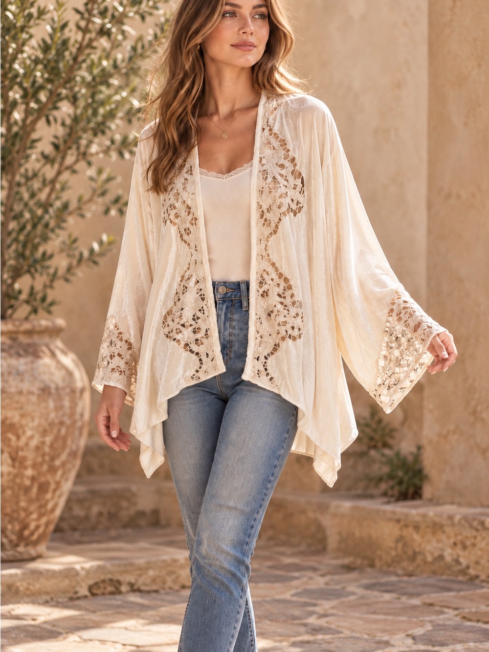 4 Love and Liberty Ivory Velvet Lace Kimono Oversized Boho Cardigan S